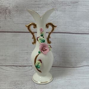 Vintage Ucagco Japan Ceramic White Vase Applied Pink Roses Gold Trip 7 1/2"H